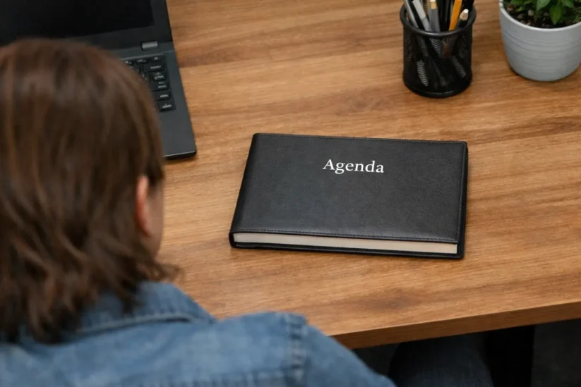 Personne assise à son bureau avec un agenda