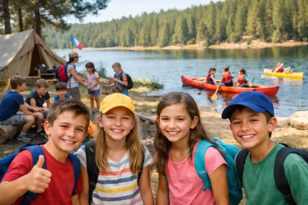 Des enfants dans un camp d'été près d'un lac