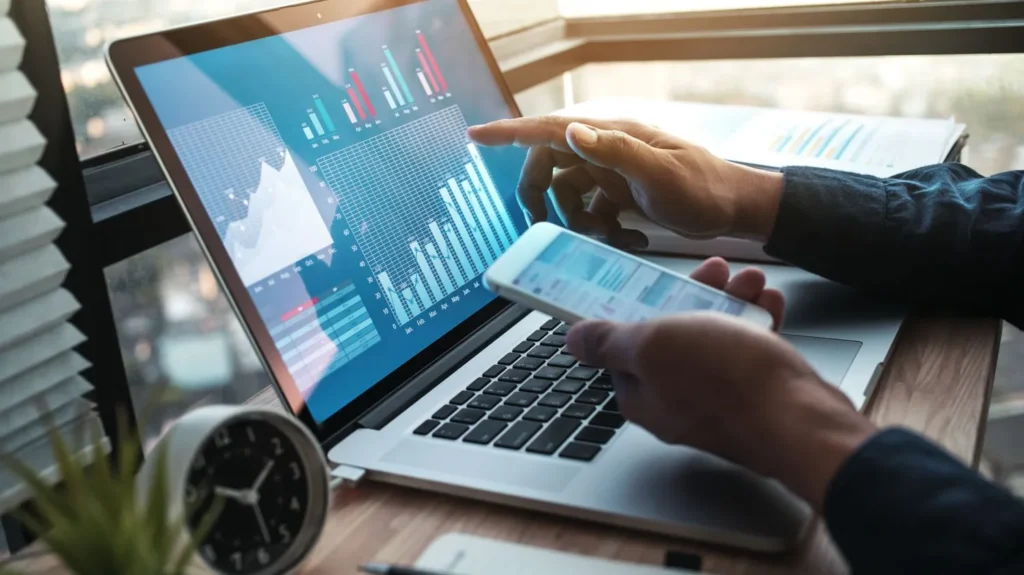 Personne devant son ordinateur et son écran de smartphone