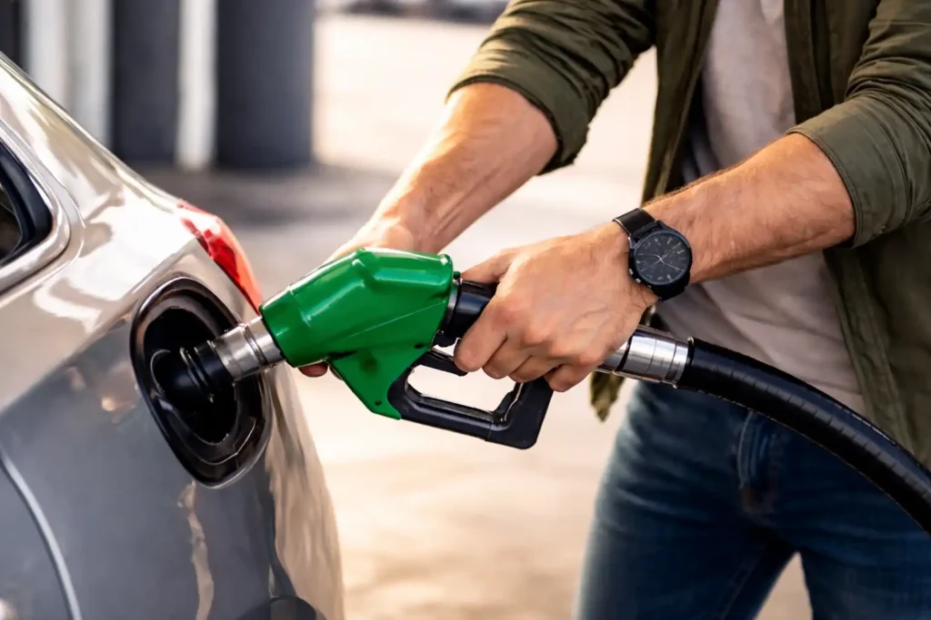 Un homme met du carburant dans sa voiture