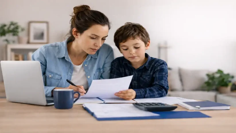 Une mère et son fils regardent des papiers