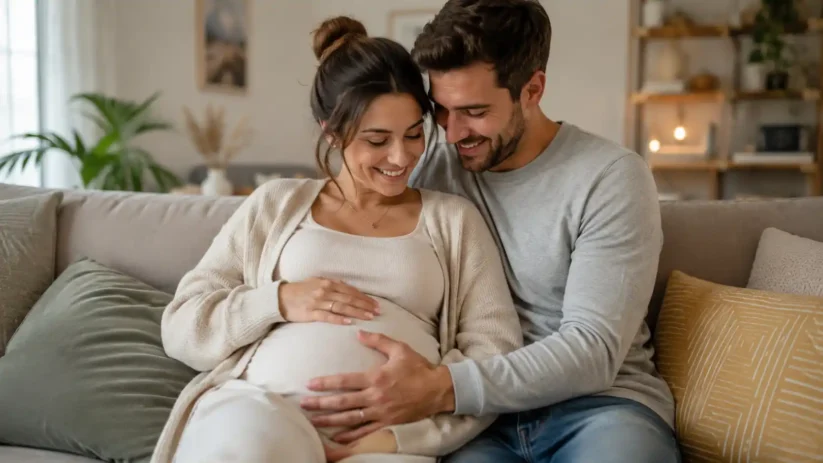 Un homme et une femme enceinte sur un canapé
