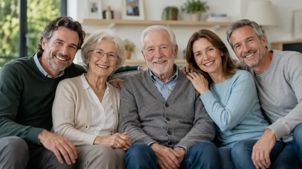 Des parents âgés avec leurs trois enfants