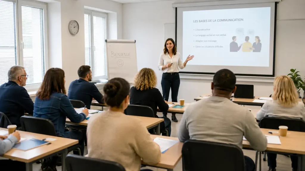 Une formatrice et des participants adultes dans une salle de formation
