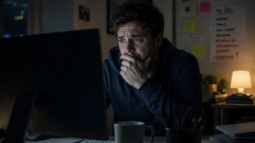 Un jeune homme inquiet devant son écran d'ordinateur