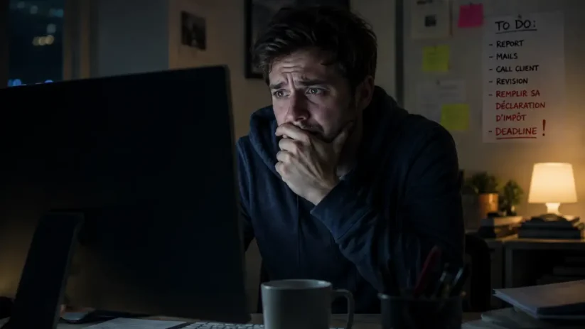 Un jeune homme inquiet devant son écran d'ordinateur