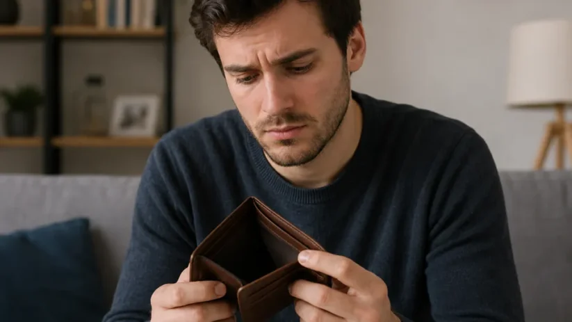 Un homme regarde son portefeuille vide