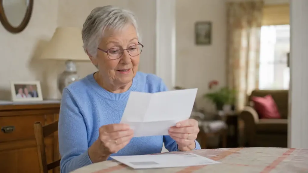 Une retraitée ouvre un courrier chez elle