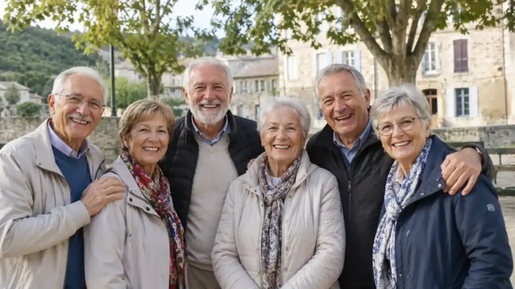 Un groupe de retraités devant une maison