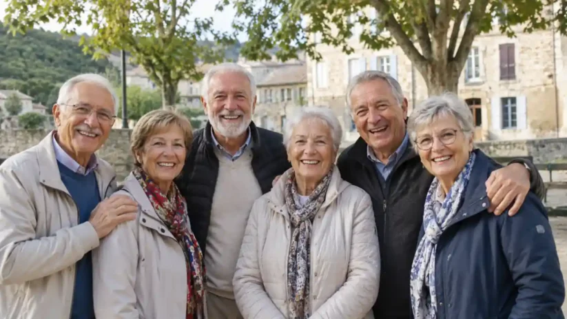 Un groupe de retraités devant une maison