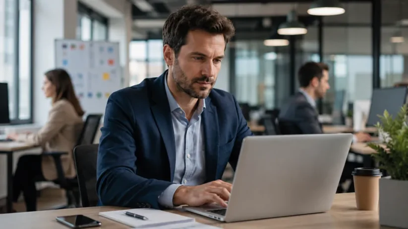 Un trentenaire devant son ordinateur dans un open space