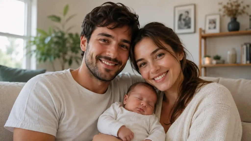 De jeunes parents tiennent leur nouveau-né dans les bras