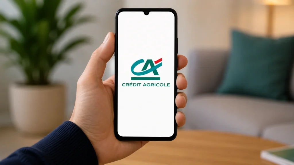 un homme tient en main un smartphone sur lequel apparait le logo du Crédit Agricole