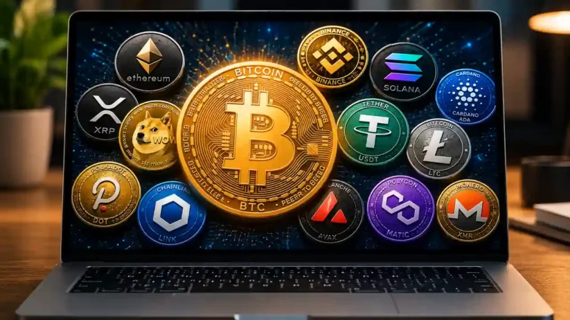 Des logos de cryptomonnaies sur un écran d'ordinateur