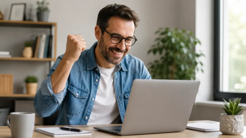 Un homme content devant l'écran de son ordinateur