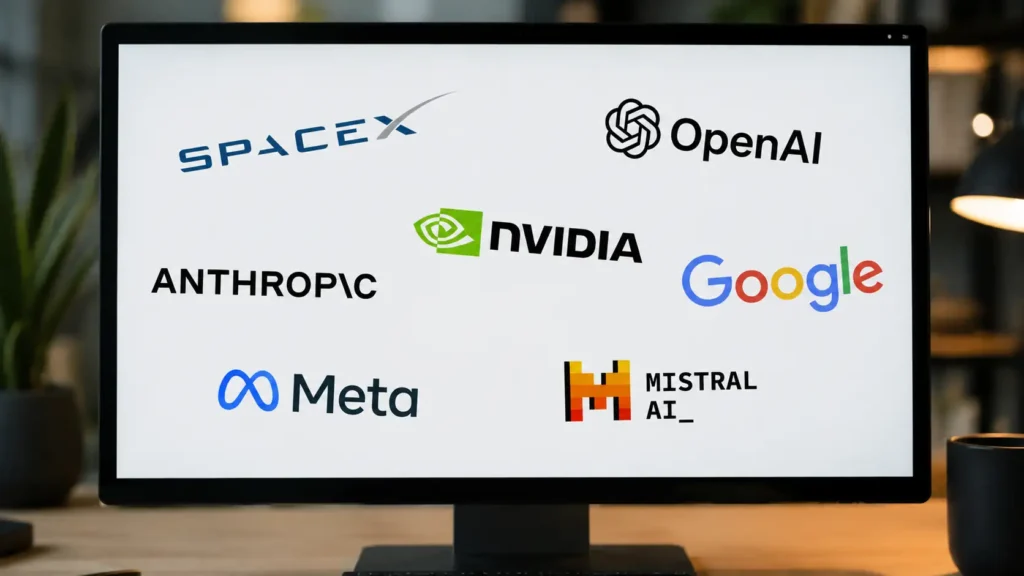Un écran d'ordinateur sur lequel figurent les logos des géants de l'IA et de la tech