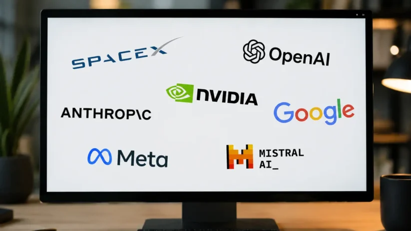 Un écran d'ordinateur sur lequel figurent les logos des géants de l'IA et de la tech