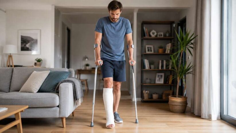 Un homme avec une jambe dans le plâtre en béquilles dans son salon