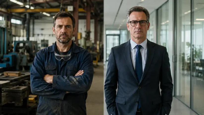 Un ouvrier dans un atelier et un cadre en costume dans un bureau