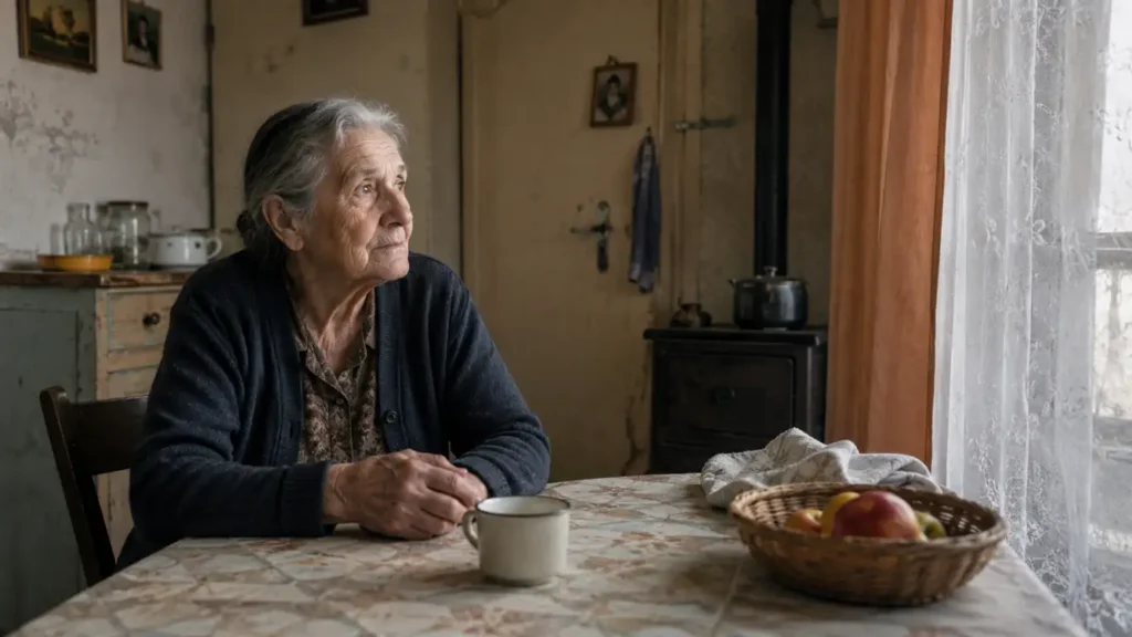 Une femme âgée seule dans sa salle à manger