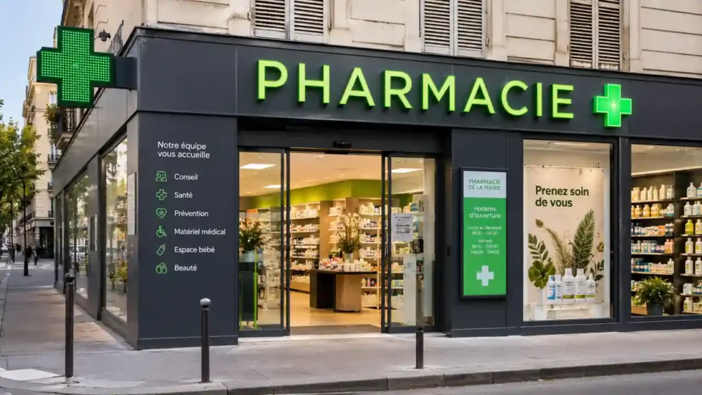 La devanture d'une pharmacie dans une rue parisienne