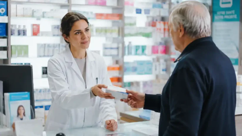 Une pharmacienne donne des médicaments à un patient