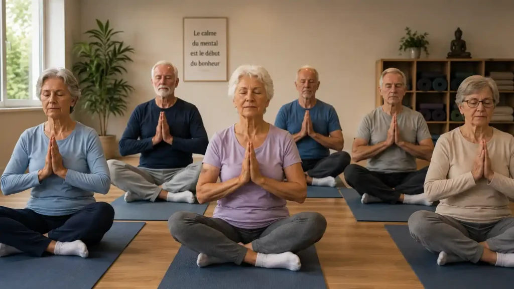 Des retraités font une salutation de yoga
