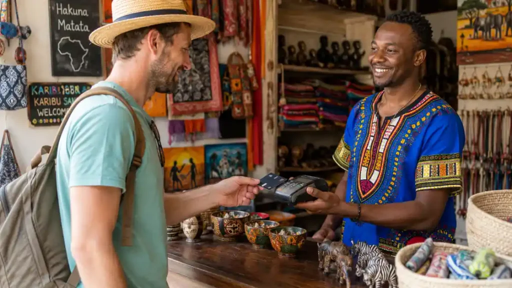 Un touriste paie par carte dans une boutique en Afrique