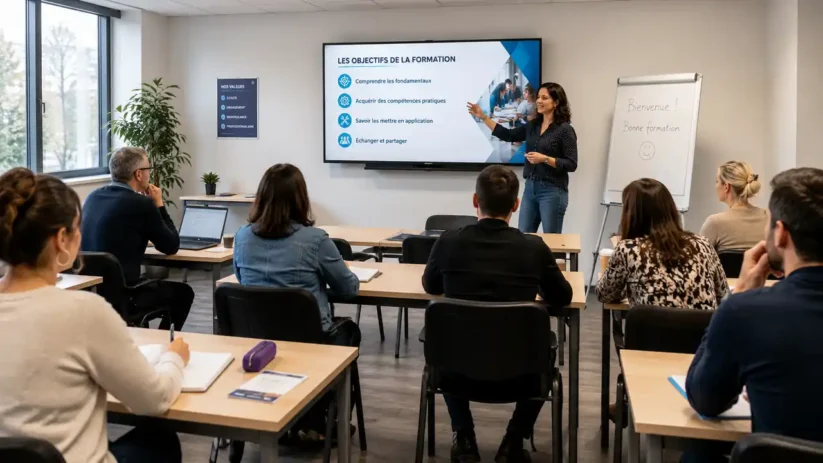 Des adultes dans une classe de formation