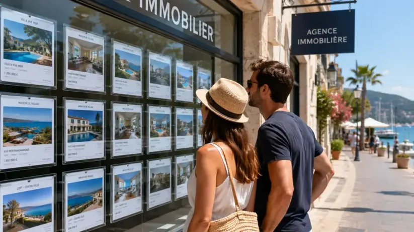Un couple en vacances regarde les prix d'une agence immobilière