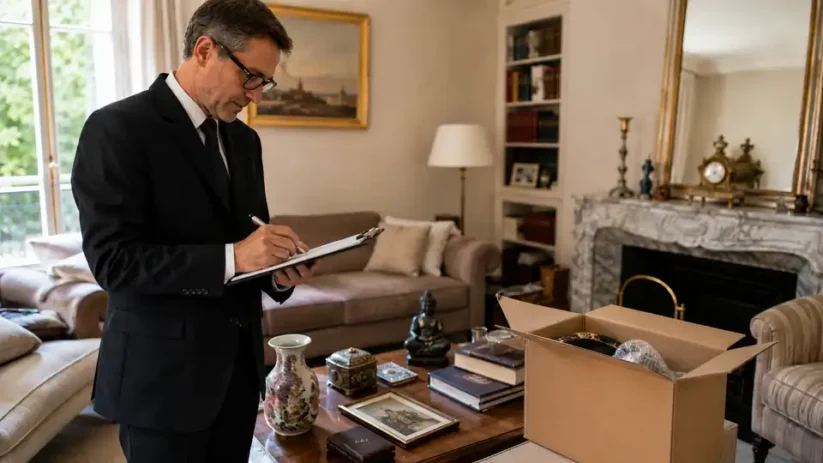 Un huissier réalise un inventaire dans un salon