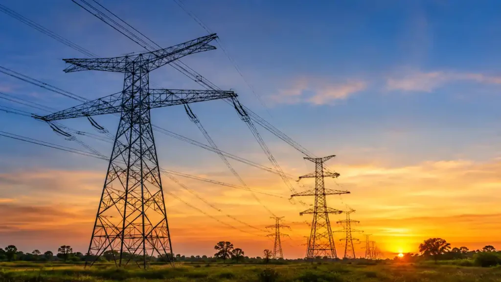Des lignes de haute tension au soleil couchant