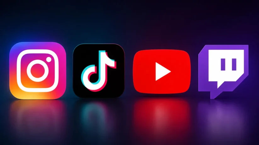 Les logos d'Instagram, TikTok, YouTube et Twitch