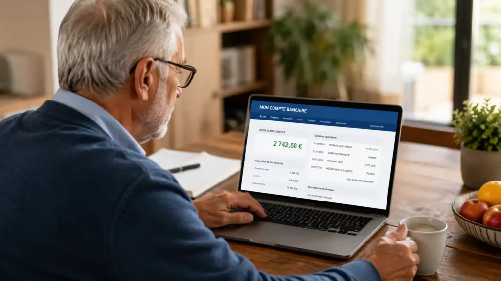 Un retraite consulte son compte en banque sur son ordinateur
