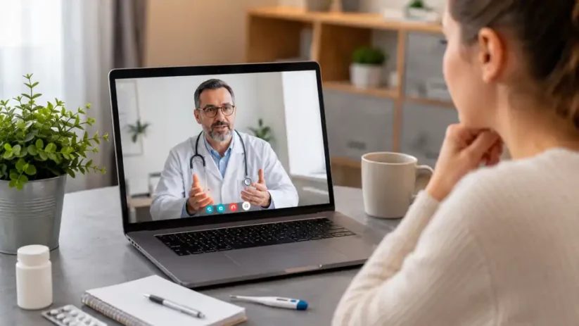 Une femme consulte un médecin en visioconférence