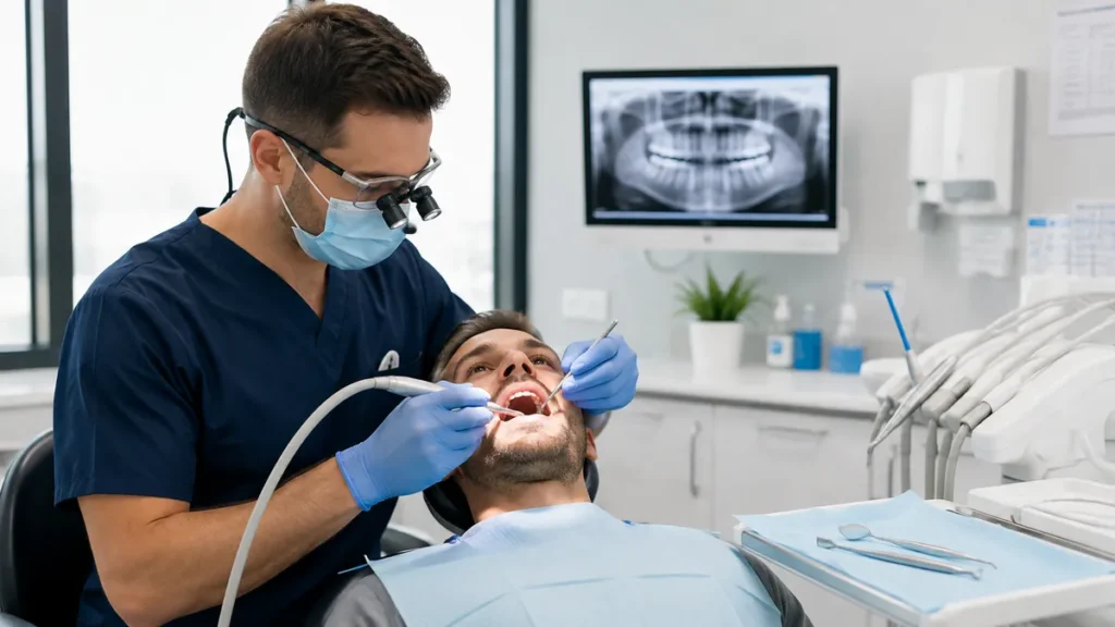Un dentiste soigne les dents d'un patient dans son cabinet