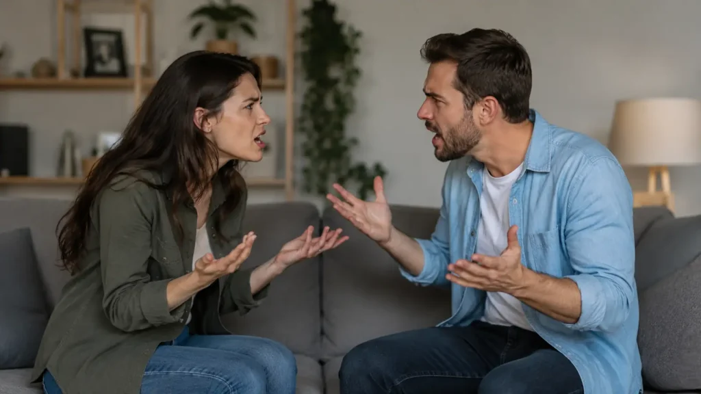 Un couple se dispute dans leur salon