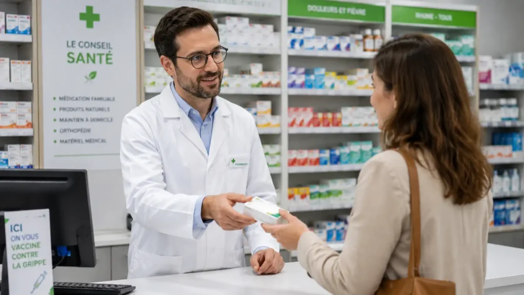 Un pharmacien délivre des médicaments à une patiente