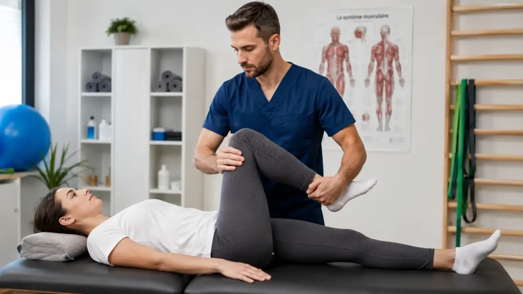 un kinésithérapeute manipule la jambe d'une patiente