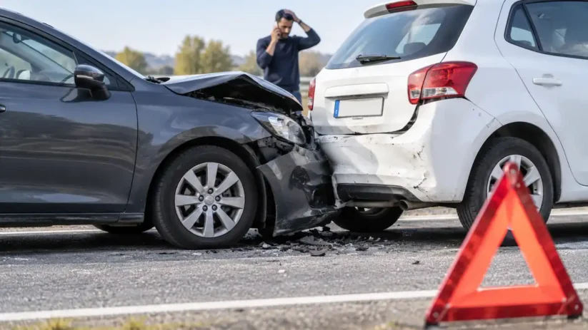 un homme téléphone alors que sa voiture a été emboutie
