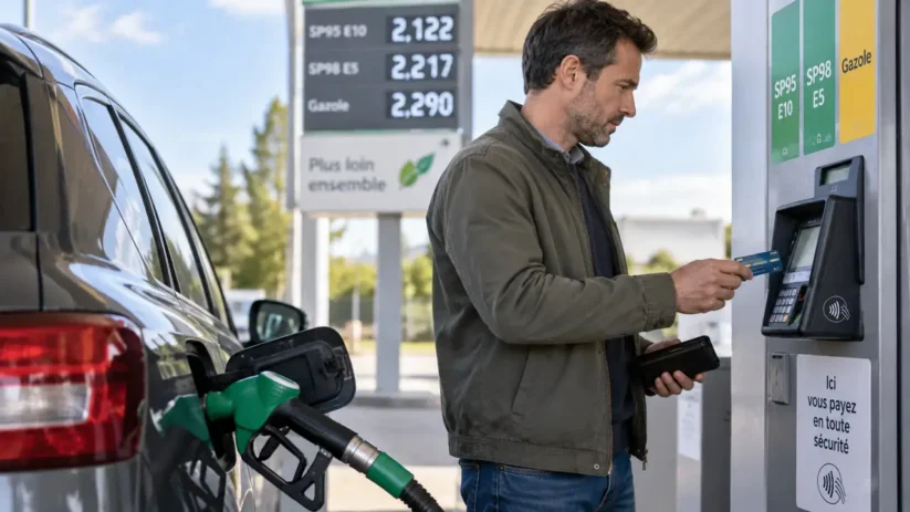 Un automobiliste s'apprête à payer à une station-service