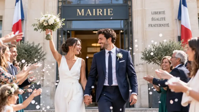 un couple de mariés sortent de la mairie