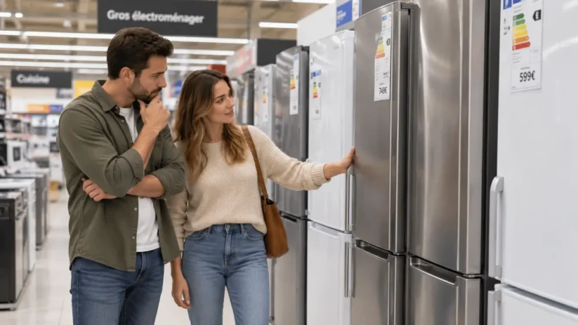 Un couple regarde les réfrigérateurs dans un hypermarché
