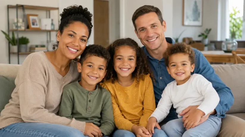 Un couple mixte avec trois enfants dans leur salon