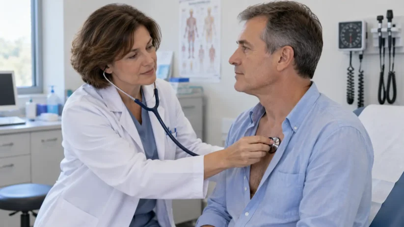 Une femme médecin ausculte un homme dans son cabinet
