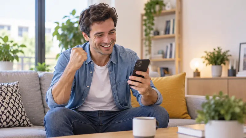 Un trentenaire content en regardant son smartphone dans son salon