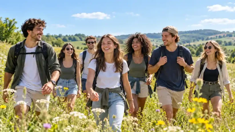 Des jeunes se baladent dans un champ