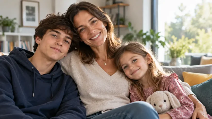Une mère avec ses deux enfants dans son salon