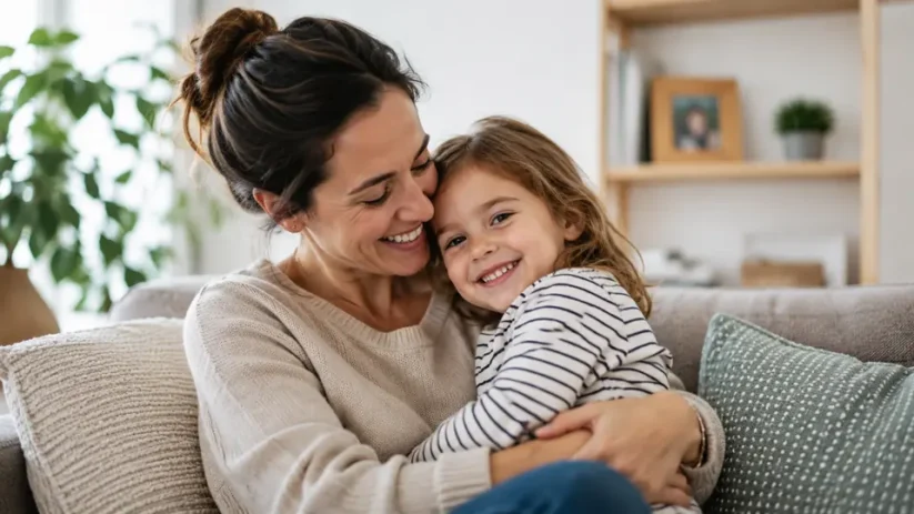 Une mère tient sa fille dans les bras sur son canapé