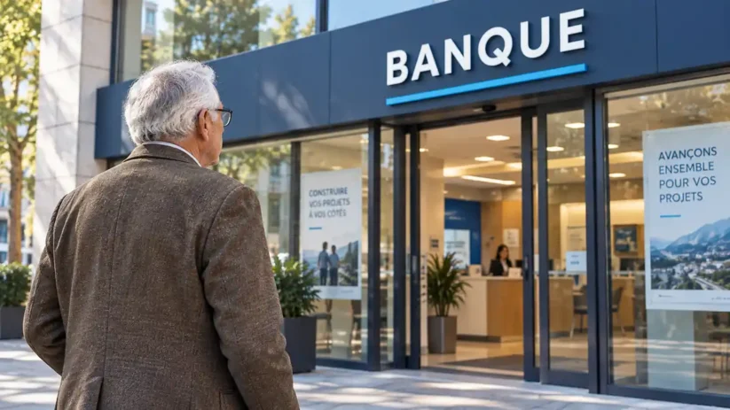Un senior devant une agence bancaire